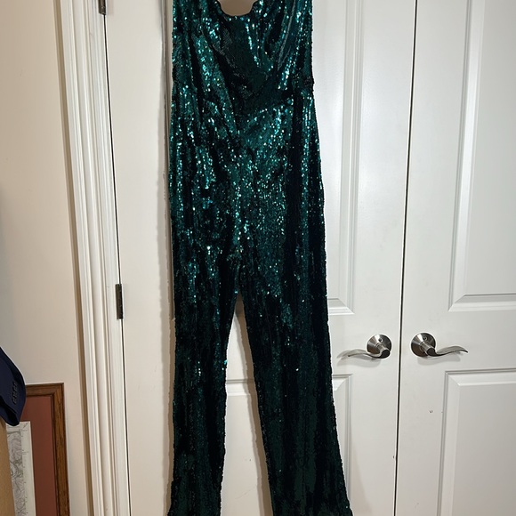 Dark Green Sequin Strapless Jumpsuit - Picture 2 of 4